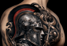 Schultertattoo mit antikem Kriegerhelm